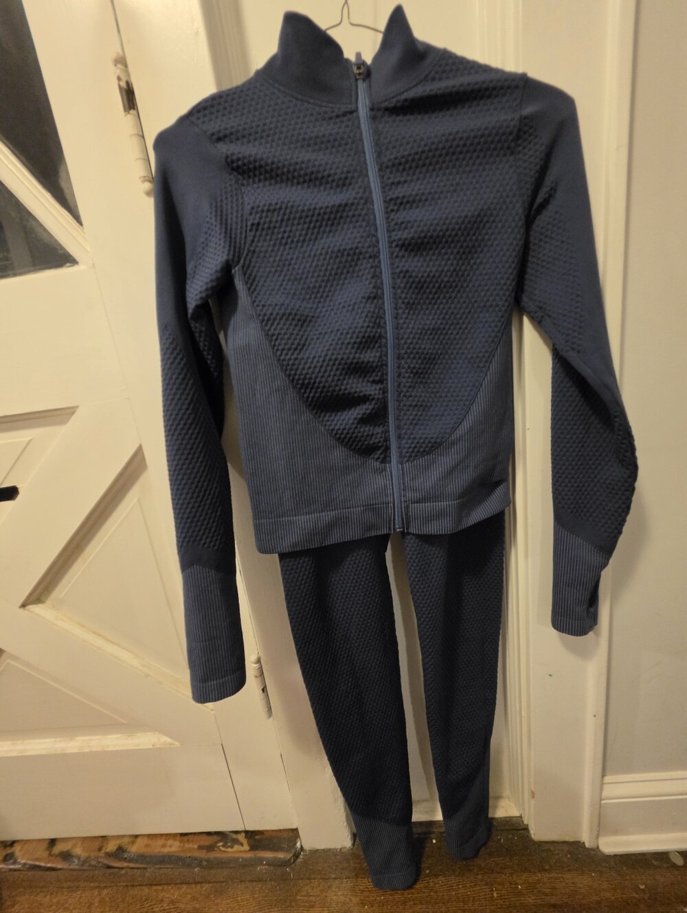 Girl Navy Blue Textured Zip-Up Jacket and Leggings Set
